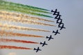 Military airbase Cameri, the Italian acrobatic team `Frecce Tricolori` during an airshow