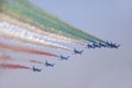 Military airbase Cameri, the Italian acrobatic team `Frecce Tricolori` during an airshow Royalty Free Stock Photo