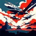 Military aircraft flying in the sky. Vector illustration in retro style. Generative AI Royalty Free Stock Photo