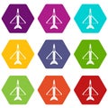 Military aircraft icon set color hexahedron Royalty Free Stock Photo