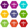 Military aircraft icon set color hexahedron Royalty Free Stock Photo