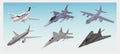 Military aircraft set. Fighter jet, F-117 Nighthawk, interceptor, cargo airplane,bomber vector illustrations set