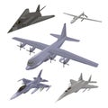 Military aircraft set. Fighter jet, F-117 Nighthawk, interceptor, cargo airplane, spy drone vector illustrations set