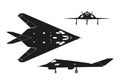 Military aircraft. Silhouette of war plane. Top, side and front Royalty Free Stock Photo