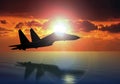 Military aircraft on sunset background