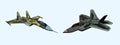 Military airplane Su and Raptor, hand drawn doodle sketch, vector color illustration Royalty Free Stock Photo