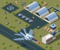 Military airport isometric. Low poly 3d of usa aircraft