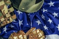 Military ammunition on US flag close up