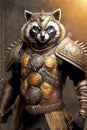 Military animal, dark fantasy character design, portrait of raccoon soldier