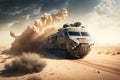 Military armored car rides in the desert. Neural network AI generated