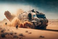 Military armored car rides in the desert. Neural network AI generated