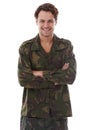 Military, arms crossed and smile with portrait of man in studio for war, conflict and patriotism. Army, surveillance and