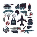 Military and army flat icon vector set with tank, parachute, helmet, gas mask and other ammunition.