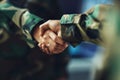 Military, army or handshake for partnership, teamwork or deal in war, agreement or unity together. People, soldiers or Royalty Free Stock Photo