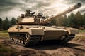 Military or army heavy tank ready to attack moving over a deserted battle field terrain, tanks scene, generated ai Royalty Free Stock Photo