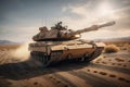 Military or army heavy tank ready to attack moving over a deserted battle field terrain, tanks scene with a soldier, generated ai Royalty Free Stock Photo