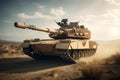 Military or army heavy tank ready to attack moving over a deserted battle field terrain, tanks scene, in the sunlight, generated Royalty Free Stock Photo