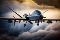 Military attack drone, unmanned aircraft flying in sky, generative AI