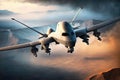 Military attack drone, unmanned aircraft flying in sky, generative AI