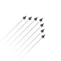 Military Aviation. Fighters fly up. wedge shape of flying jet planes. Silhouettes of reactive planes and trace of jet