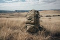 military backpack in field, with view of expansive landscape