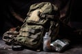 military backpack, filled with medical supplies and other essentials