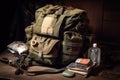 military backpack, filled with medical supplies and other essentials