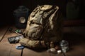 military backpack, filled with medical supplies and other essentials