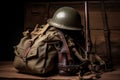 military backpack in historical context, with old-fashioned rifle and helmet Royalty Free Stock Photo