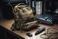 military backpack, with laptop and other essential business tools visible