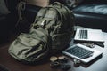 military backpack, with laptop and other essential business tools visible