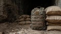 Military backpack and sandbags in a bunker. Royalty Free Stock Photo