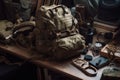 military backpack surrounded by gear and supplies, ready for action