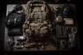 military backpack surrounded by gear and supplies, ready for action