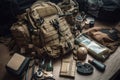military backpack surrounded by gear and supplies, ready for action