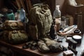 military backpack, surrounded by medical supplies and equipment