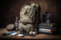 military backpack, surrounded by various medical supplies and equipment