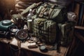 military backpack, surrounded by various medical supplies and equipment