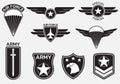 Military badge, army patch and insignia set. Air and airforce emblems with eagle, star and plane. Vector illustration.