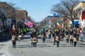 Military Bagpipers in Saint Patrick`s Day parade Boston, USA Royalty Free Stock Photo