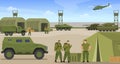 Military base war transportation and soldiers vector flat illustration warriors in green uniform