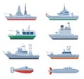 Military Boats. Combatant Warship, Security Frigate. Isolated Naval Defense Combat Icons. Force And War Navy, Flat