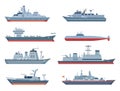 Military boats. Navy ship, sea or ocean transport. War boat with fighter aircraft. Isolated flat submarine, battleship