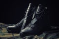 Military boots. The concept of war, veterans, fallen fighters. Sale of military shoes