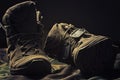 Military boots. The concept of war, veterans, fallen fighters. Sale of military shoes