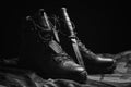 Military boots. The concept of war, veterans, fallen fighters. Sale of military shoes