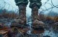 Military boots. Low section of soldier standing in the rain Royalty Free Stock Photo