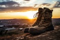 military boots standing firm on a hill during sunset