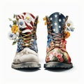 Military Boots Vetern with Flag, Florals, Isolated on White Background - Generative AI