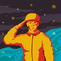 A military boy makes a military salute. Pop art in the Soviet style. The poster.